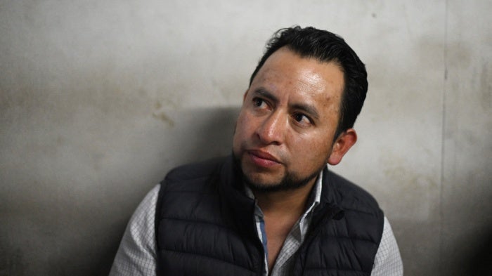 Guatemalan Deputy Minister of Sustainable Development Luis Pacheco arrives at the court after being arrested on charges of terrorism and other crimes in Guatemala City on April 23, 2025.