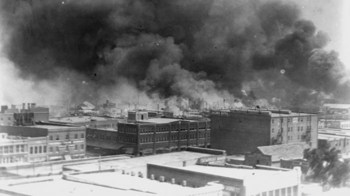 Smoke billows after 1921 Race Massacre, Tulsa, Oklahoma.