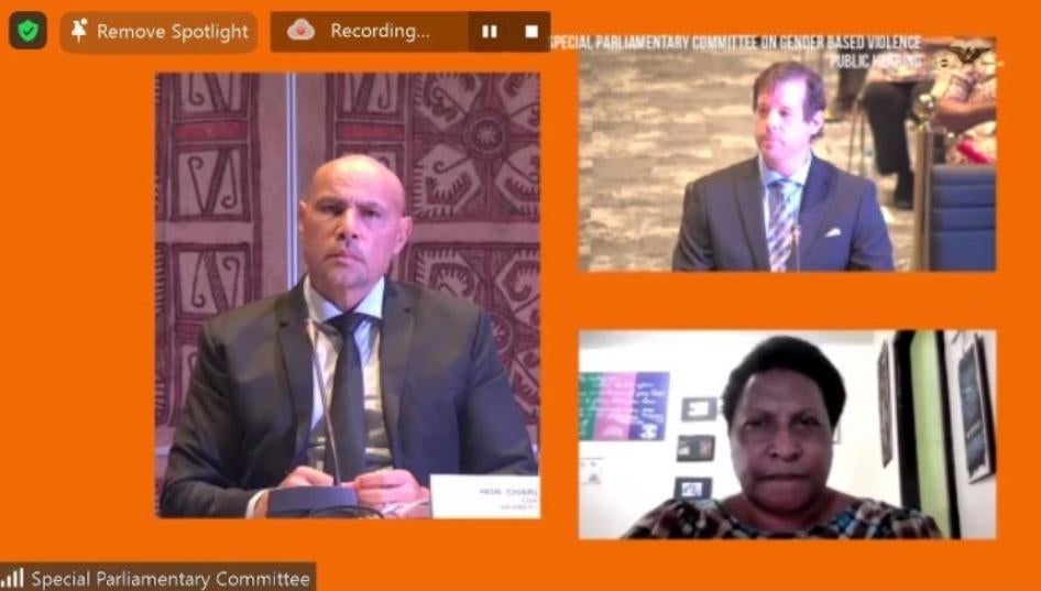 Screenshot from the testimony of Ruth Kissam at the Special Parliamentary Inquiry into Gender-Based Violence.